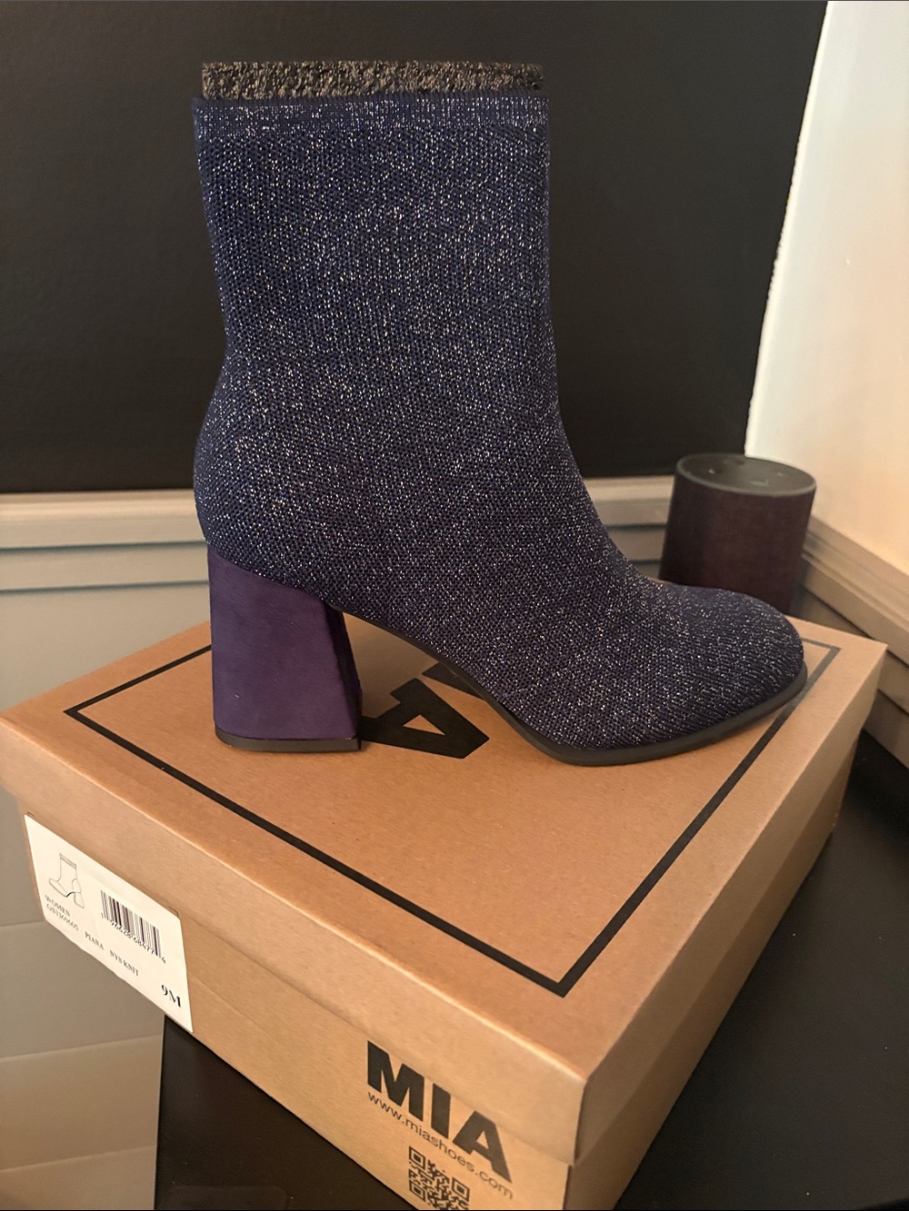 MIA Navy Glitter Sock Boot with Suede Block Heel